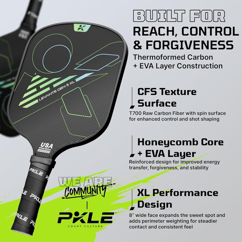 Levante Gen 3 – Pickleball Paddles with EVA Stability Layer, T700 Carbon Fiber CFS Face, Thermoformed Unibody Frame & PP Honeycomb Core for Control, Spin & Balanced Performance (Gen 3 XL)