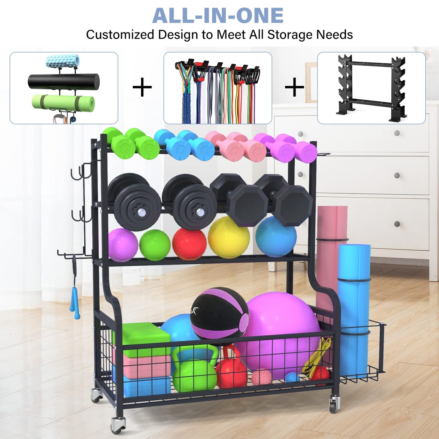 Home Gym Storage for Dumbbells, 500 LB Heavy Duty Weight Rack for Dumbbells Kettlebells Yoga Mat, Balls and Resistance Band, Dumbbell Rack with 4 Lockable Wheels and Hooks