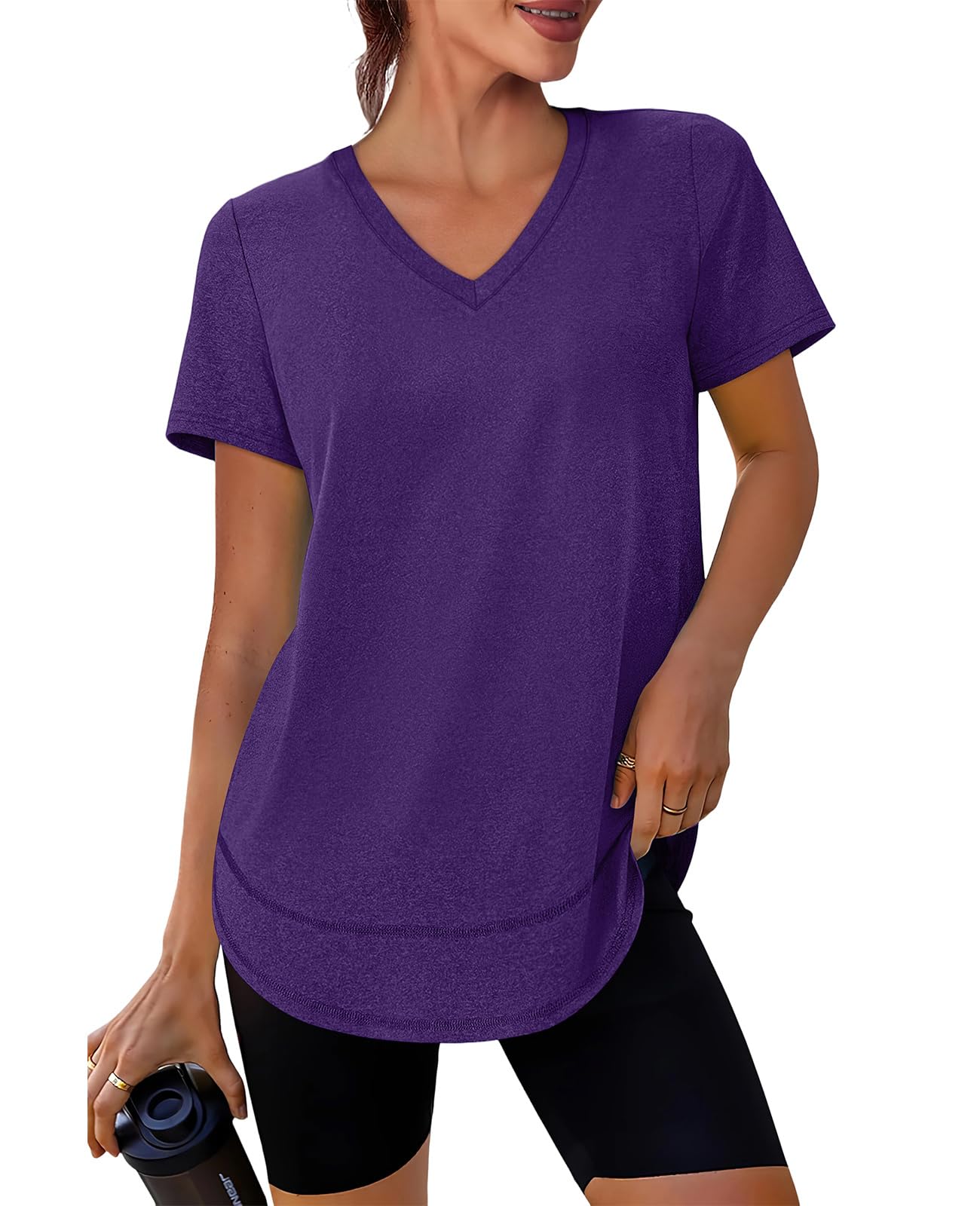 Summer Tops for Women 2026 Short Sleeve Workout Clothes Athletic Shirts Pilates Outfits Camisetas Deportivas para Mujer V Neck Purple L