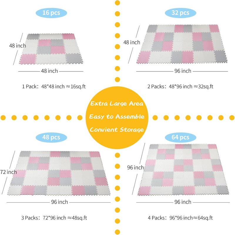 Foam Play Mat for Baby - Soft Non-Toxic Interlocking Floor Mats | 0.4 Inch Thick, 16 Tiles (White/Light Gray/Pink)