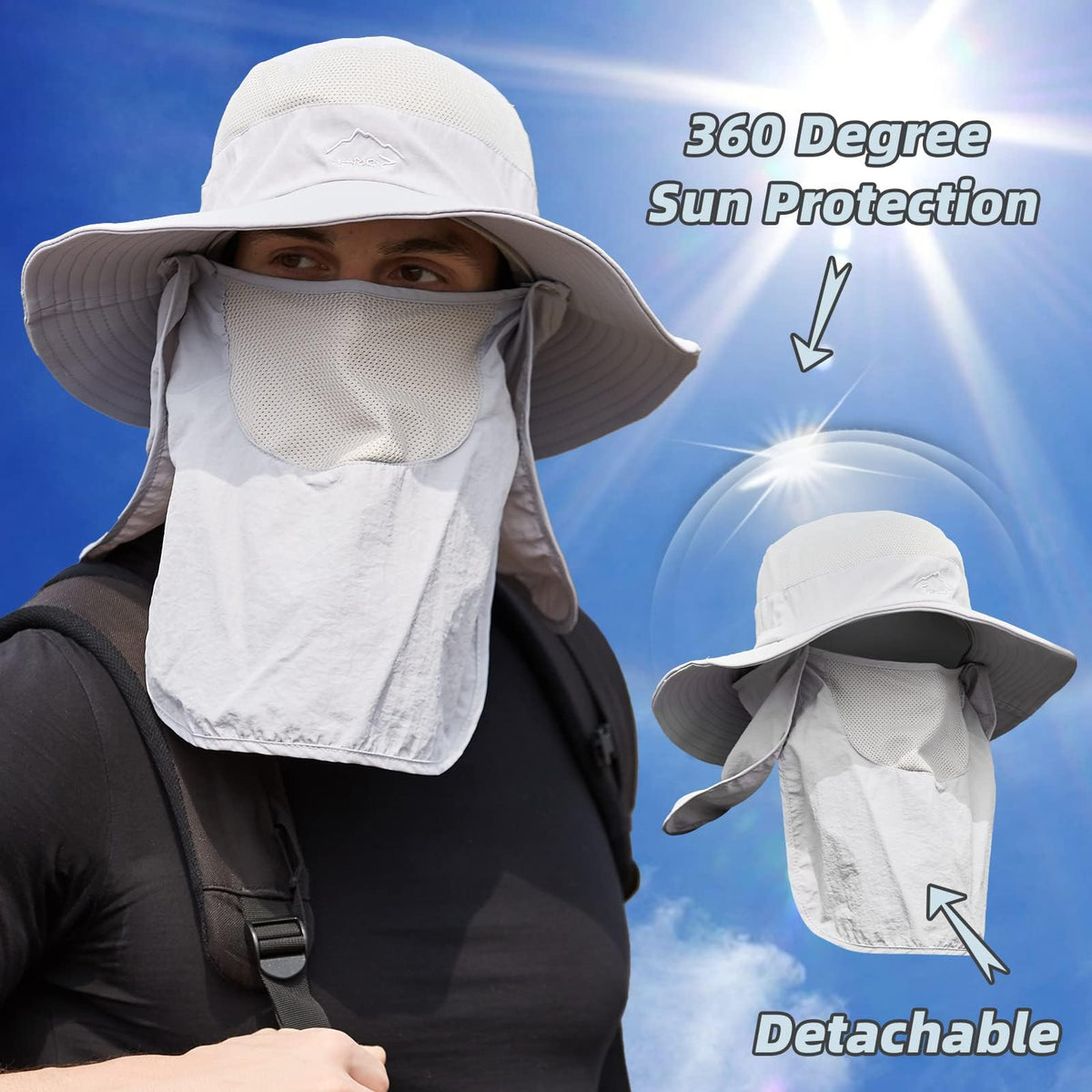 Fishing Hat for Men Sun Protection Hat with Removable Mesh Face Neck Flap Cover Windproof Strap for Men and Women Light Gray