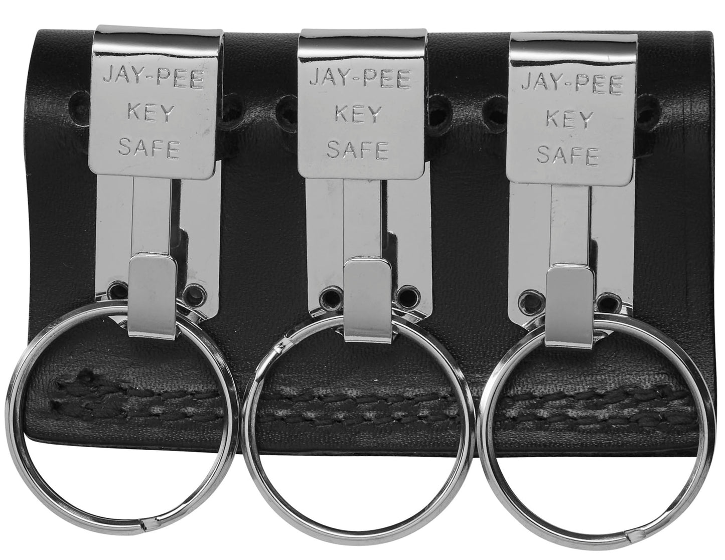 JAY-PEE Black Leather Duty Belt Key Holder, Officer Accessory, Law Enforcement Ring Carrier, Tactical Belt Loop Keychain Security with 3 Chrome Detachable Key Ring Safety Hook for up to 2.25" Belts