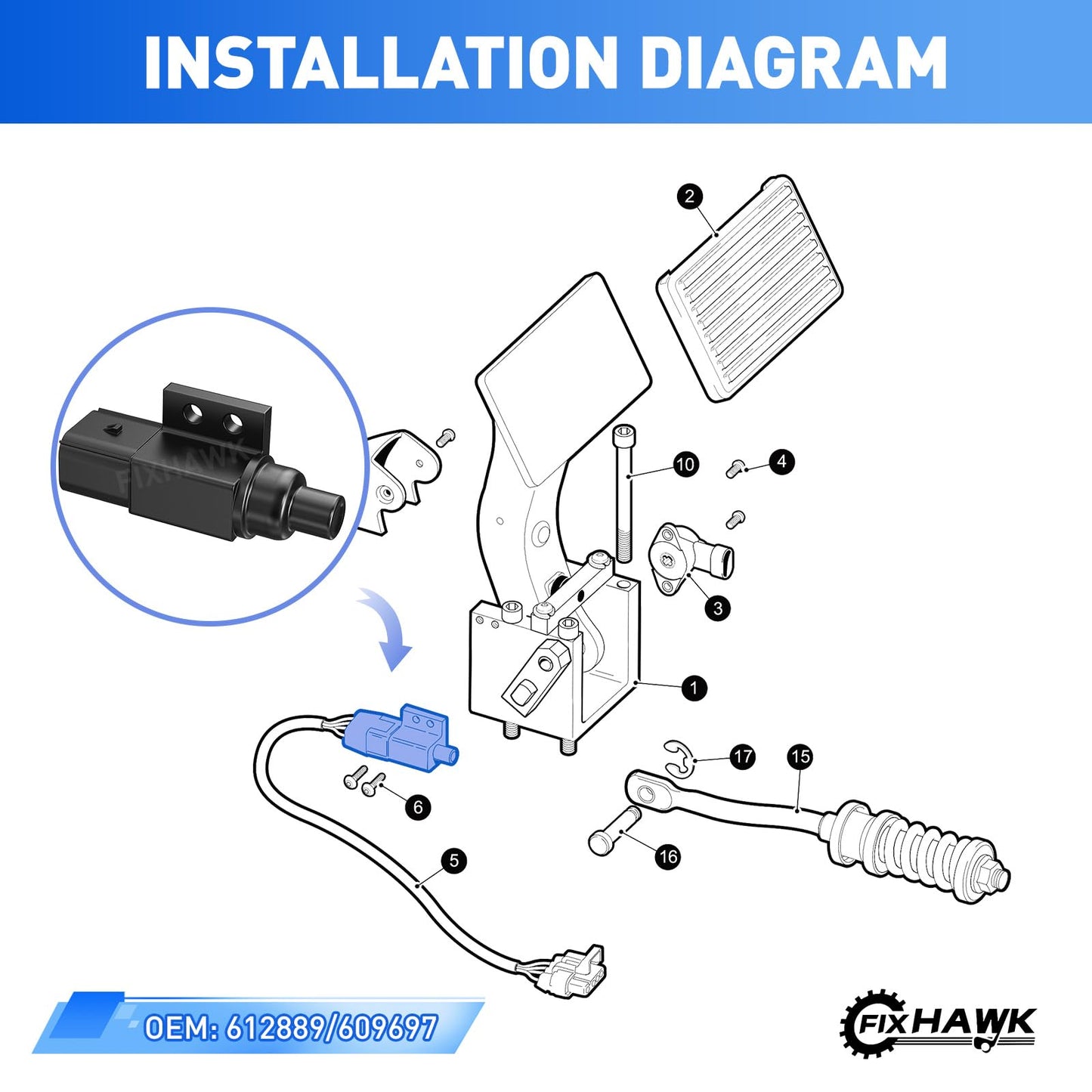 FIXHAWK EZGO RXV Accelerator Pedal Molex Switch for 48 Volt EZGO RXV 2008-up Electric Golf Cart, Replaces OEM# 612889 609697
