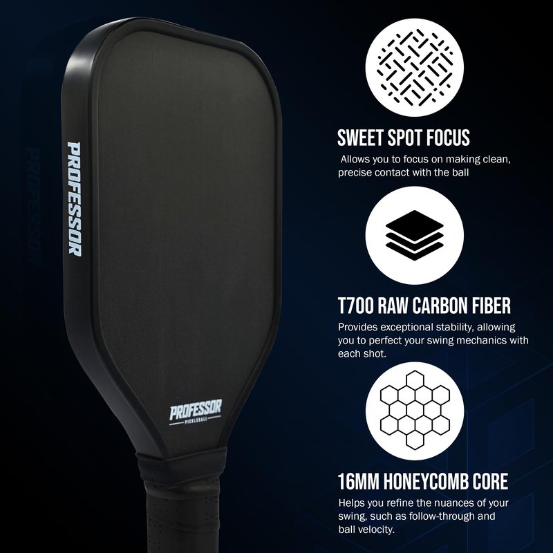 Professor Pickleball Training Paddle - Sweet Spot Enhancement with Extended Handle - T700 Raw Carbon Fiber Construction, 16MM Core Practice Pickleball Trainer Paddle