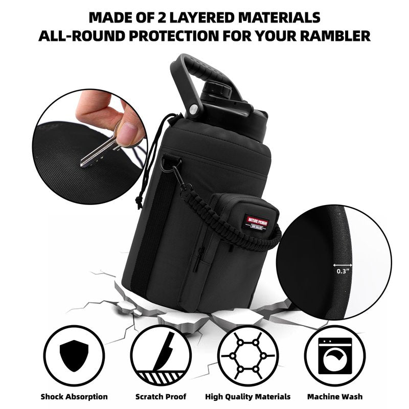 NATURE PIONEOR Water Bottle Holder with Adjustable Strap - Half/One Gallon (64/128oz) Insulated Water Bottle Sling Carrier with Phone Pocket & Paracord Handle, Outdoor Camping, Hiking, Gym