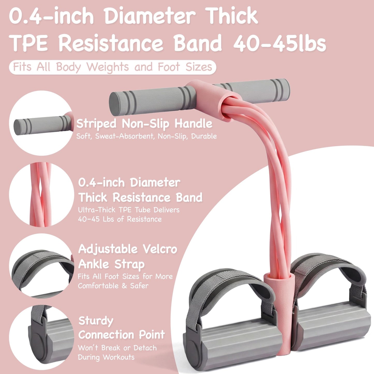 Upgraded Adjustable Ankle Strap Resistance Band with Handle,0.4-inch Diameter Each Thick TPE Tube 40-45lbs,Suitable for All Weights & Foot Sizes, Full-Body Workout (Pink)