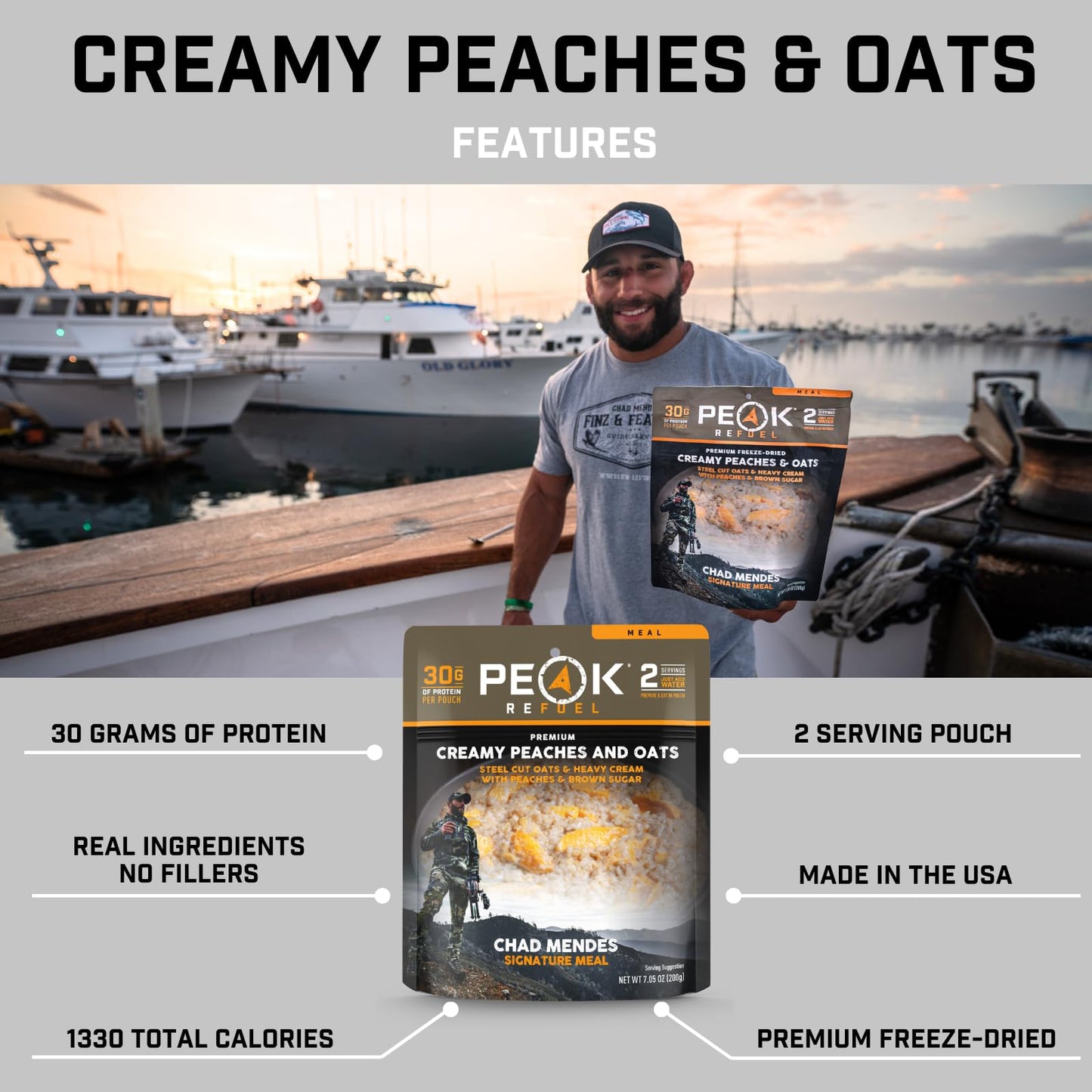 Peak Refuel Creamy Peaches and Oats | Chad Mendes Signature Meal | Premium Freeze-Dried Variety Meals | Hunting, Survival, Camping, Backpacking Food | High-Protein Game Meats | MRE | Made in USA