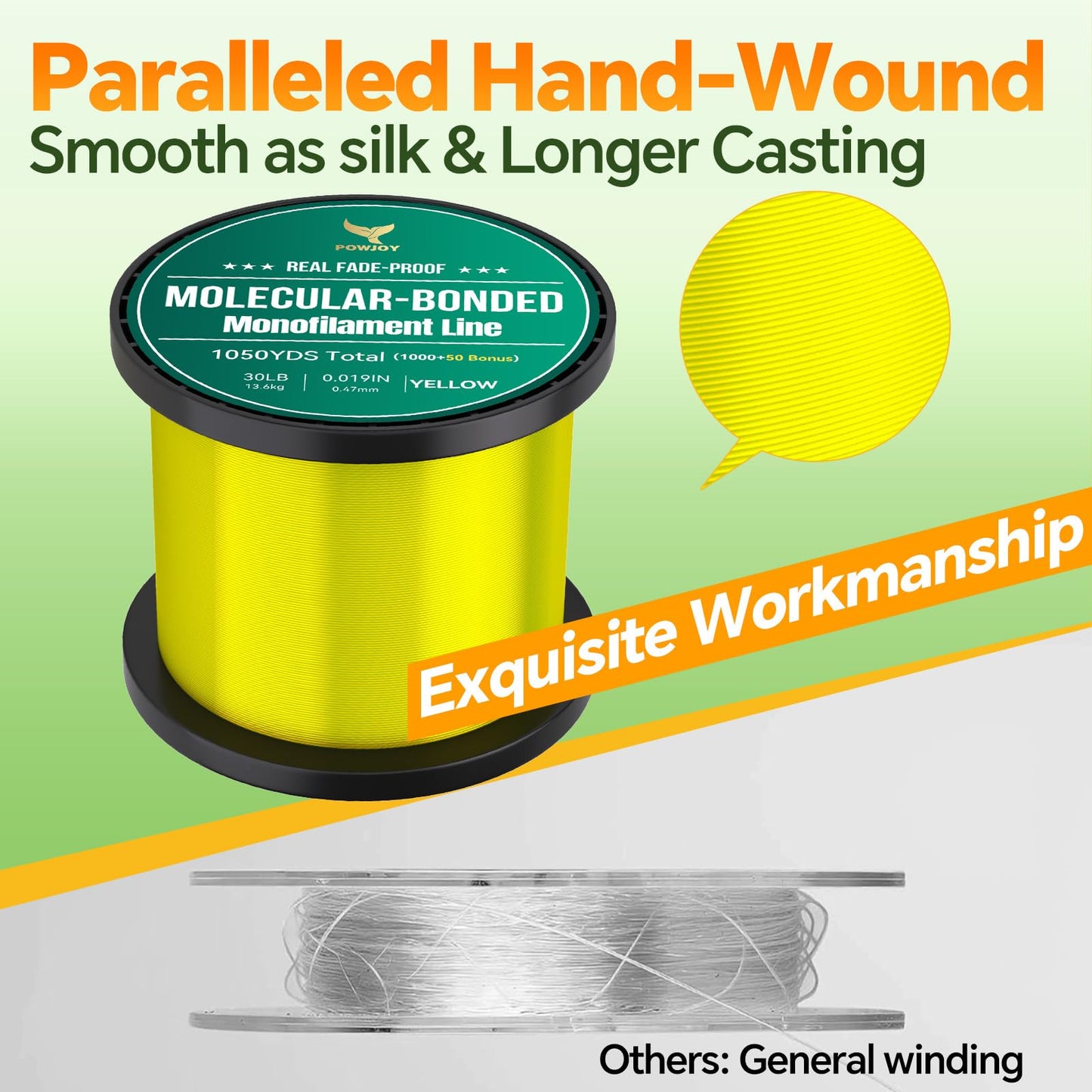 POWJOY 30LB Monofilament Fishing Line - 1050 Yards Spool, 0.018" Diameter - Strong Yet Ultra Thin for Longer Casting - High-Visibility Yellow & Fade-Resistant - Ideal for Murky Water & Ice Fishing