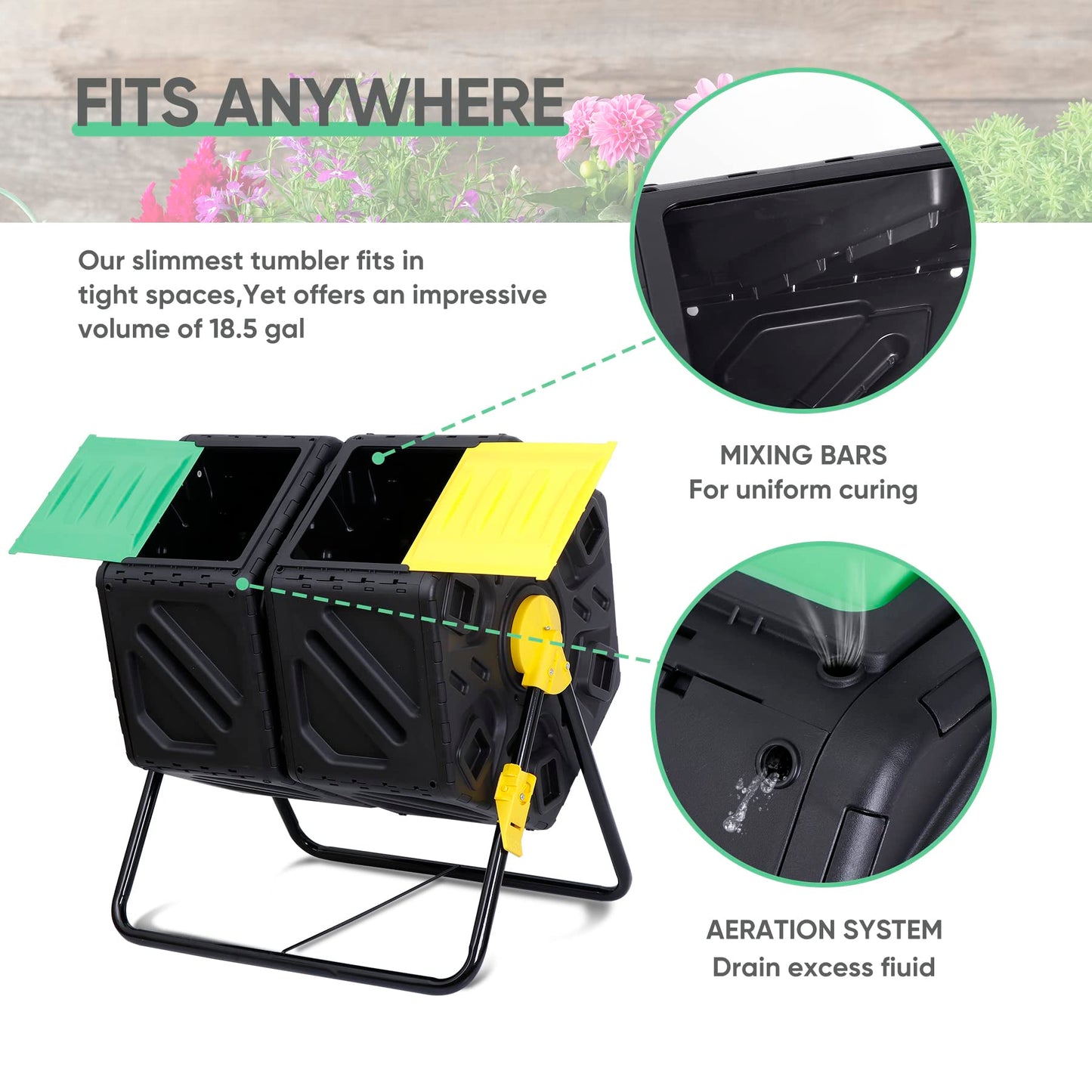 F2C Dual Chamber 37 Gallon Compost Tumbler All-Season Outdoor BPA Free Large Composter Bin w/ 2 Sliding Doors and Solid Steel Frame