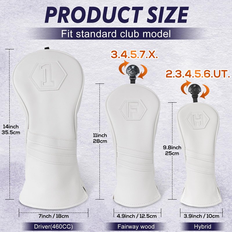 Golf Club Head Covers for Woods and Drivers, Premium PU Leather Striped Simple Golf Club Covers, Golf Headcovers Set All White (Set/D F H)
