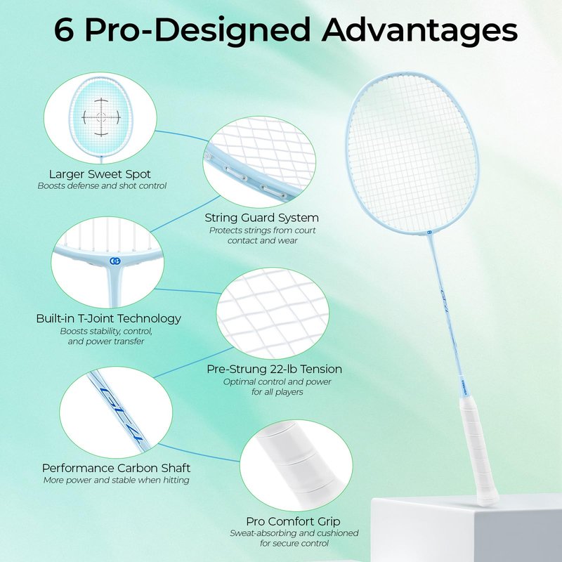 OGEENIER Badminton Rackets Set of 2, Lightweight Badminton Racquet Set for Backyards and Outdoor Games, Includes 2 Nylon Birdies, 2 Badminton Grips, 1 Carrying Bag