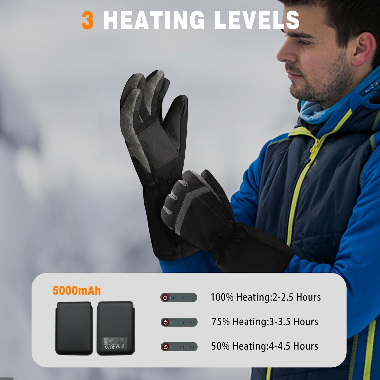 MMlove Heated Gloves, 5V 5000mAh Rechargeable Heated Gloves for Men,Electric Waterproof & Windproof Winter Motorcycle Warm Gloves with Touchscreen for Cycling Skiing Hiking Camping Working