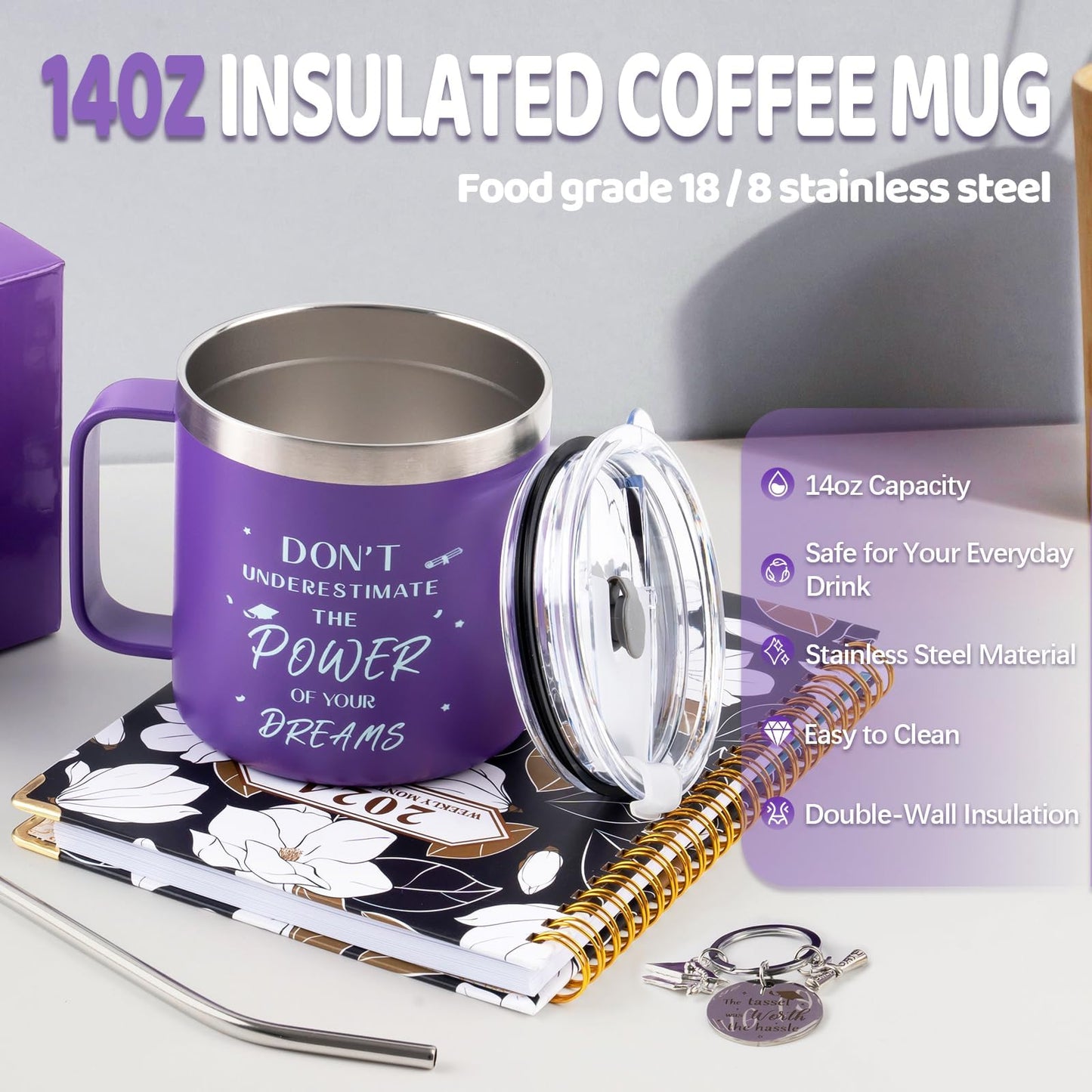 CUPLOOV 2024 Graduation Gifts for Her Him – Purple Graduation Coffee Mug/Tumbler Cup with Lid Straw Keychain and Greeting Cards for Senior College Graduates Classmates Friends