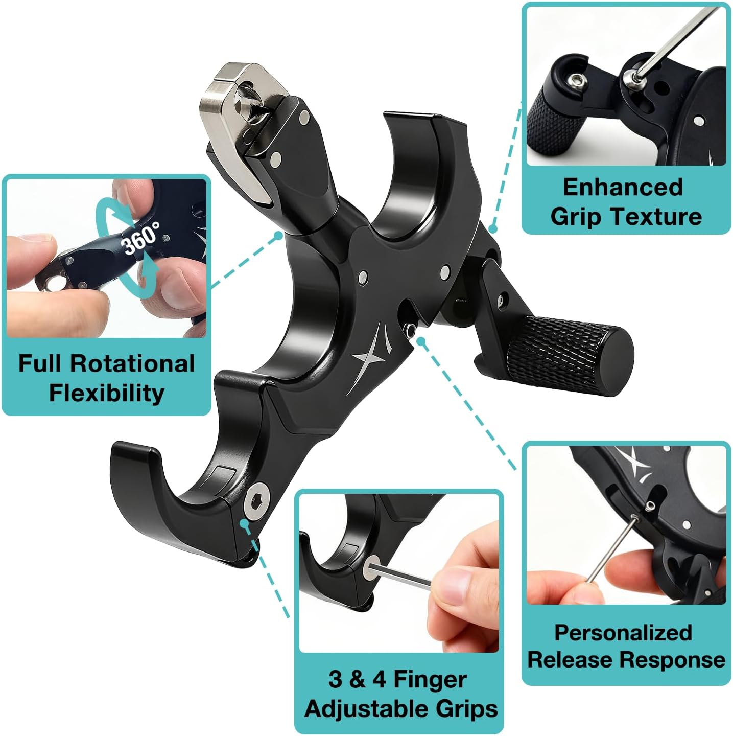Archery Compound Bow Release Aid - Adjustable 3/4 Finger Aluminum Trigger with Wrist Strap | Ideal for Adults & Youth