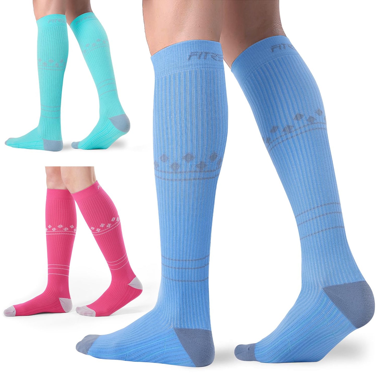 FITRELL 3 Pairs Compression Socks for Women and Men 20-30mmHg - Support for Travel, Running, Nurse, Knee High, Mint/Peachy/Haze Blue S/M