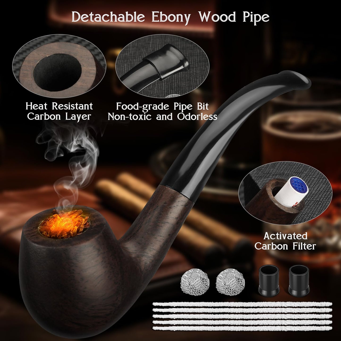 Pipe Set, Complete Wood Pipe Kit – Refillable Butane Lighter with Stand, 3 in 1 Cleaning Tools, 2 Filter Balls, Pipe Bits, 5 Pipe Cleaners, Portable Pouch, Pipe Gift Set for Beginners & Travel