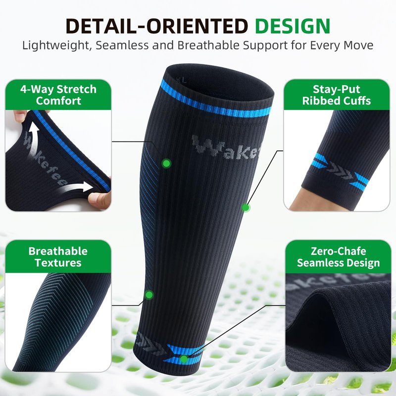 Wakefeet 3 Pairs Calf Compression Sleeves for Women & Men 15-20 mmHg, Graduated Compression Socks for Running, Swelling Relief, Shin Splints & Varicose Veins Support, Anti-Slip Leg Sleeves