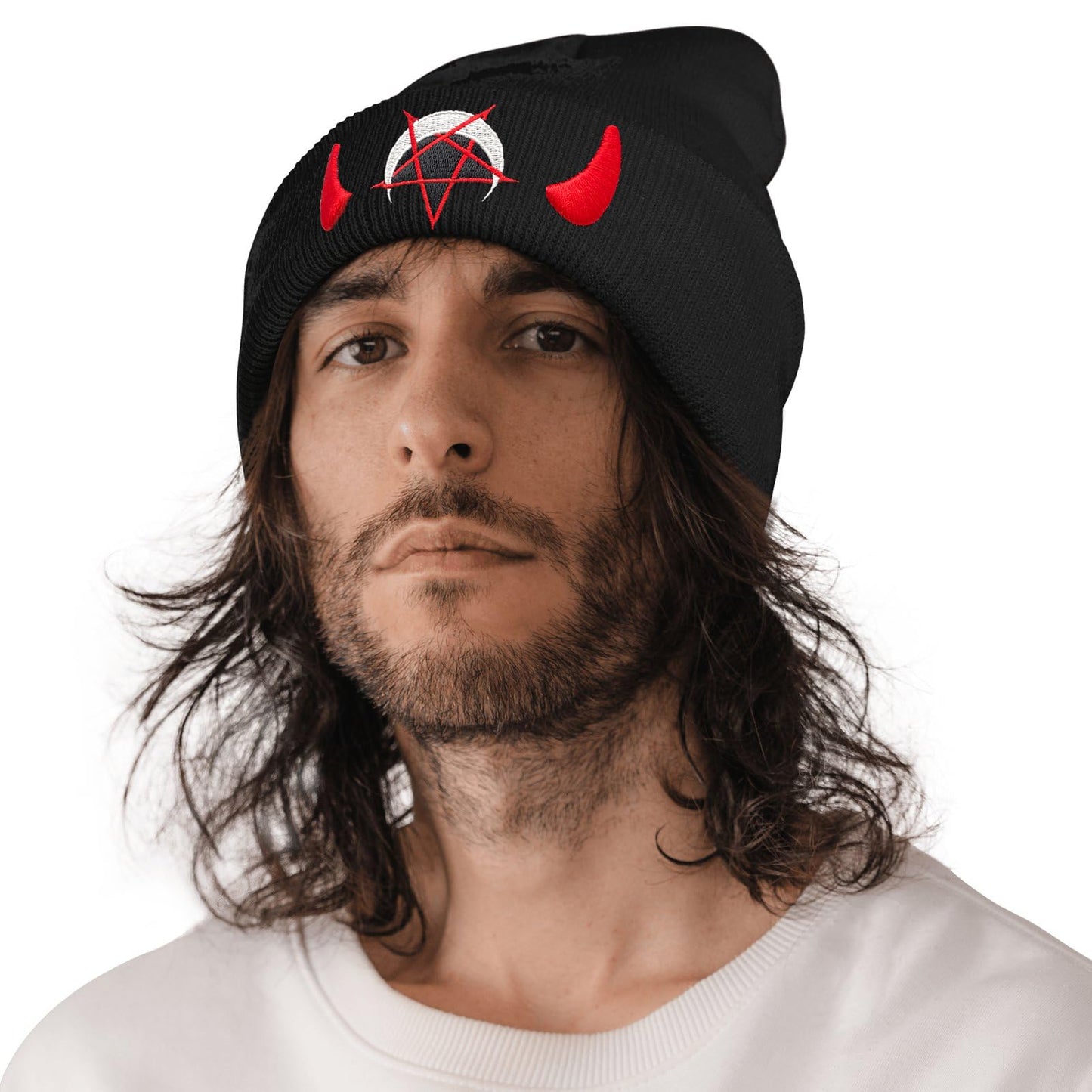 Goth Spooky Horror Demon Devil Horned Embroidery Beanie Black Knit Hat for Men Women, Casual Skull Knit Cap