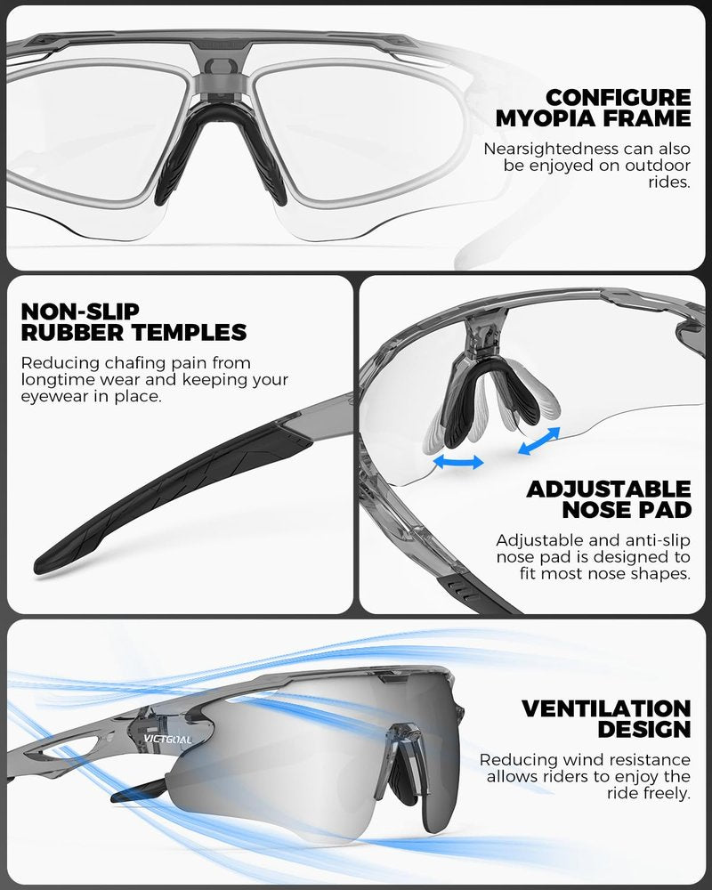 VICTGOAL Cycling Glasses Photochromic Sunglasses for Men Women TR90 Frame Glasses with UV Protection MTB Glasses for Cycling (Grey), Large