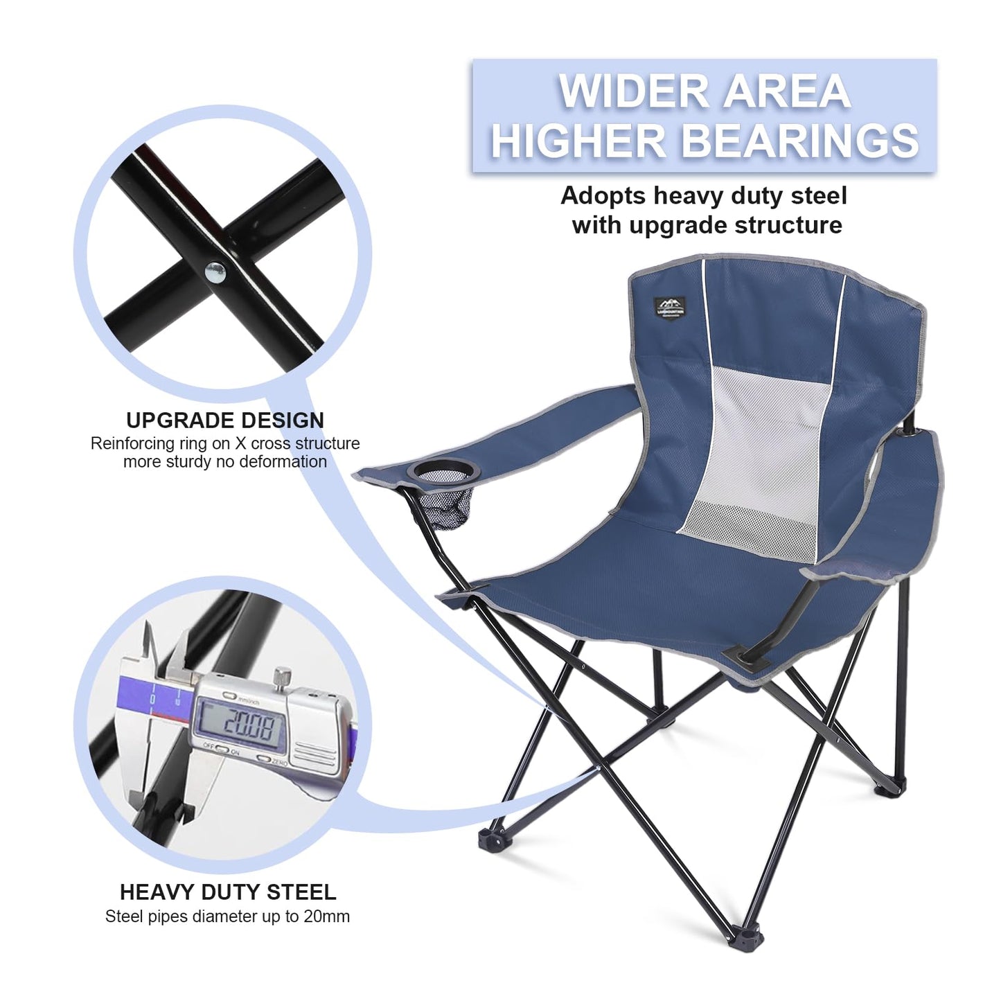 LANMOUNTAIN Oversized 3 Pcs Camping Chair Set with Table,Outdoor Large Folding Lawn Chairs,Lightweight Portable Camp Chair for Adults Hiking,Picnic,BBQ,Travel,Cup Holder,Carry Bag,Blue