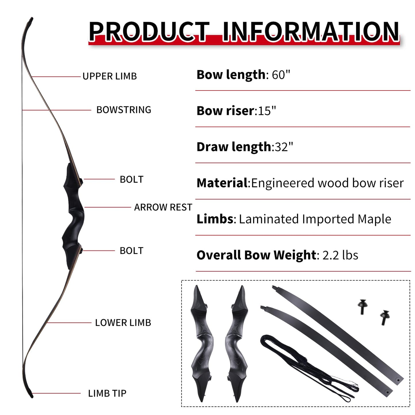 MOYJ 60inch 50LBS/45LBS/40LBS Hunting Takedown Recurve Bow and Mixed Carbon Arrow Competition Wooden Longbow Kit Adults for Outdoor and Practice