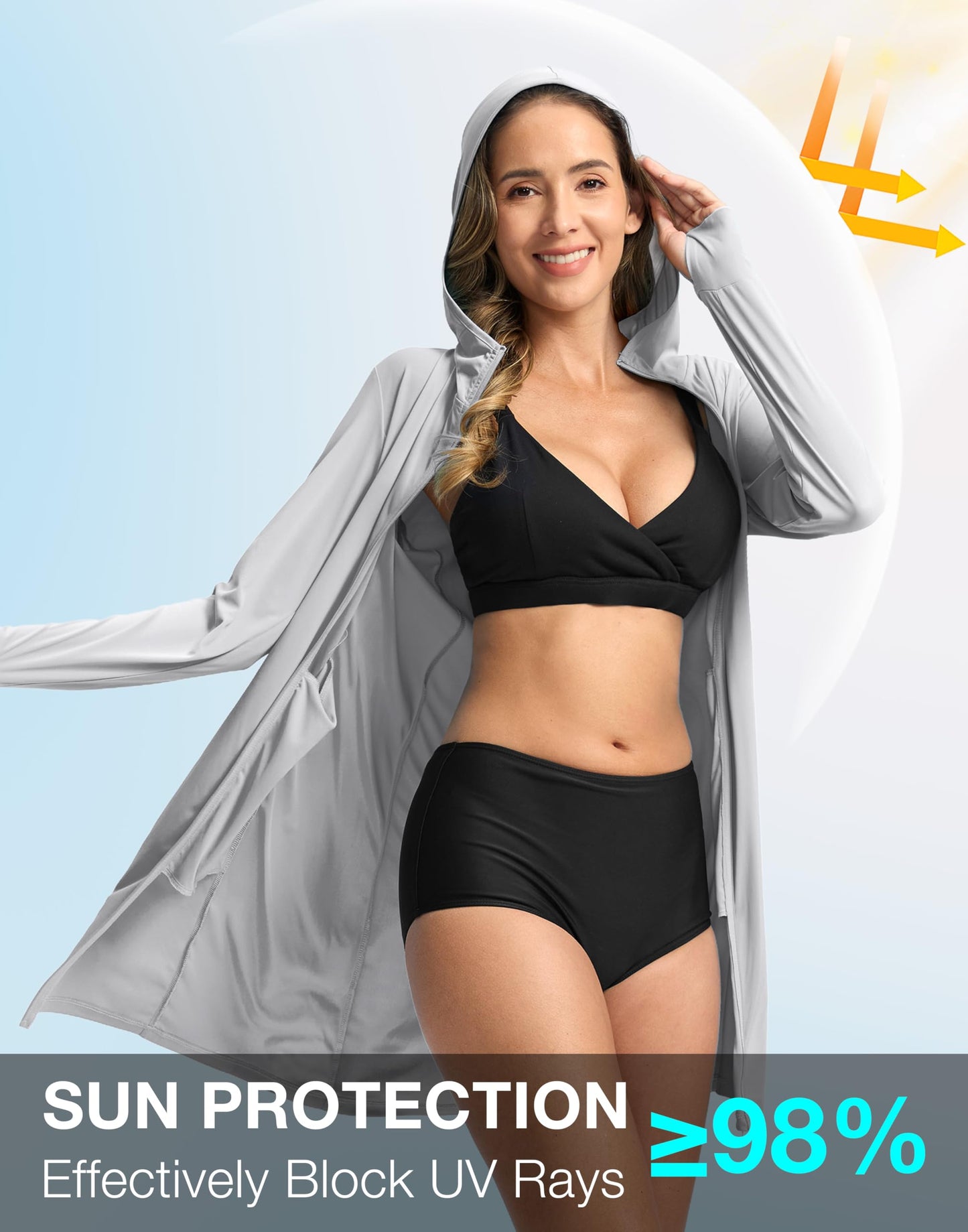 Soothfeel Women's UPF 50+ Swim Cover Up Sun Protection Hoodie SPF Lightweight Jacket Long Sleeve Beach Cover Ups for Women (Light_Grey,M)