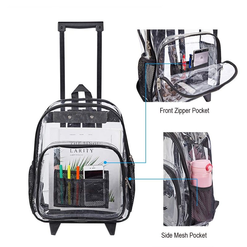COVAX Rolling Clear Backpack, Heavy Duty See Through Bookbag, Transparent PVC Cold-resistant Backpack with Wheels (Black)