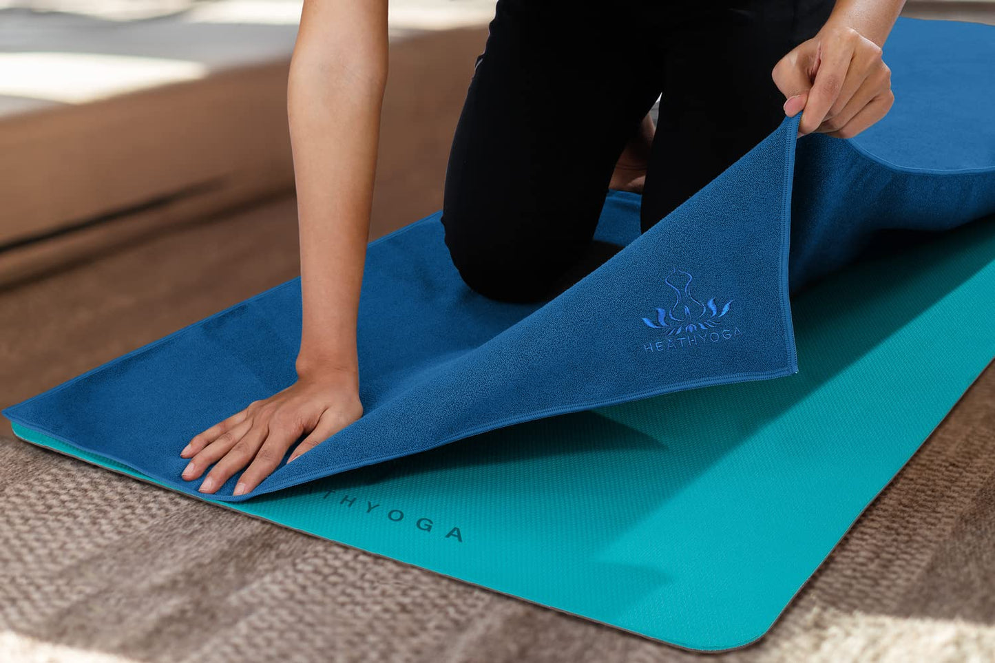 Heathyoga Hot Yoga Towel, Non Slip Yoga Mat Towel with Silicone Grip & Spray Bottle, 72"X26" Yoga Towel, Soft Microfiber Yoga Mat Towel for Hot Yoga, Bikram, Pilates and Fitness (Blue)