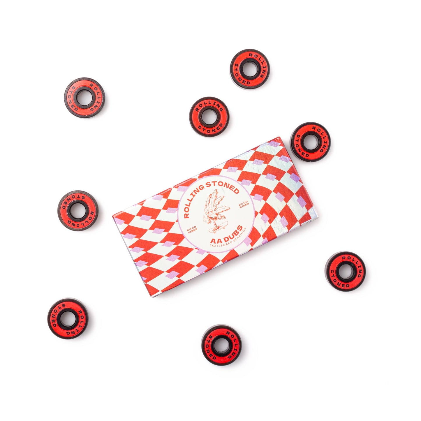Rolling Stoned Skateboard Bearings Set - ABEC 5 Sealed Bearings for Skateboards, Longboards, Scooters and Roller Skates Stainless Steel 608 Bearings (8 Pack, Red) (AA Dubs)