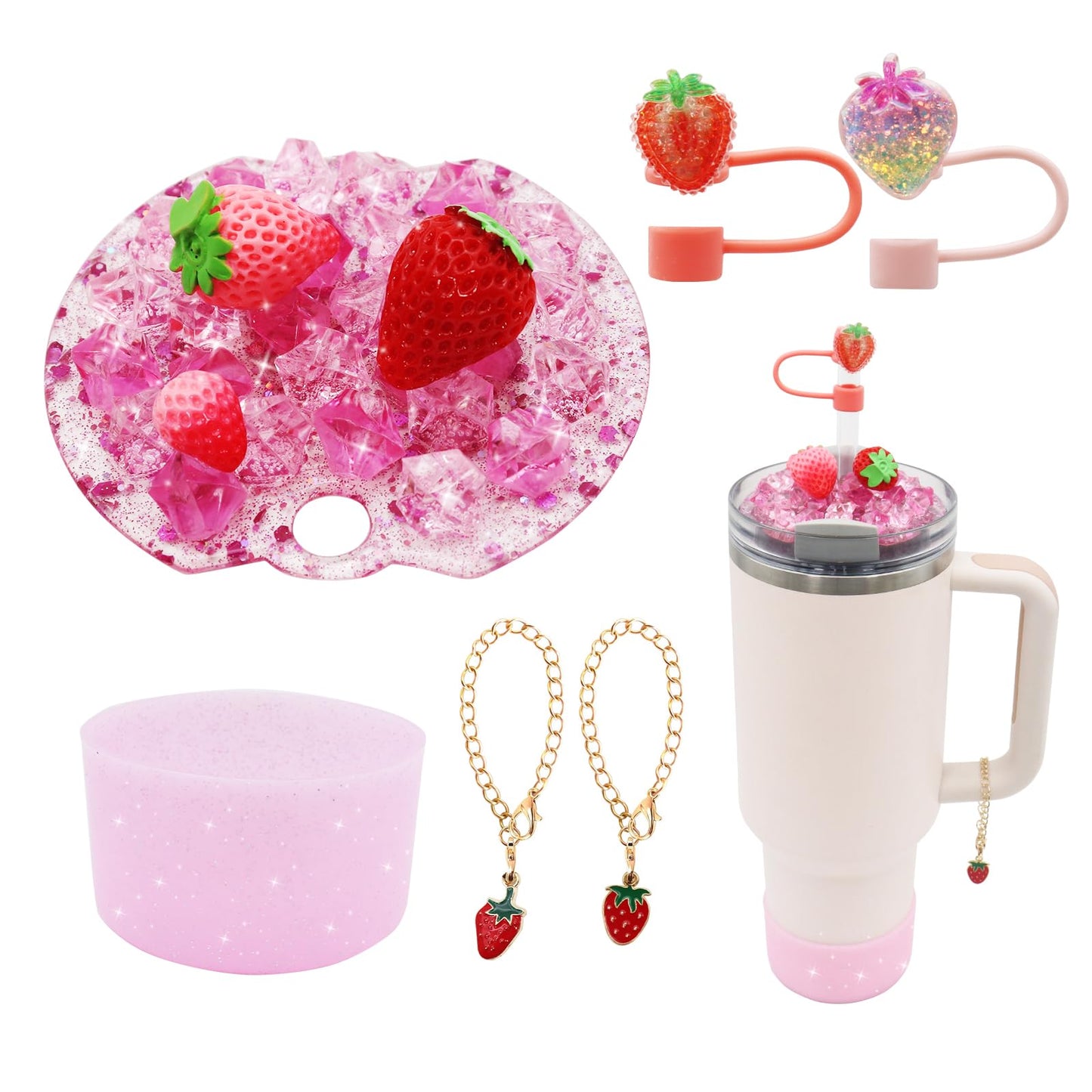 Cup Lid Topper Decoration for Stanley 40 oz，Including Silicone Boot, Silicone Straw Topper Cover Cap, Lid Charms，Cup Chain - Cute Strawberry Decoration Accessories