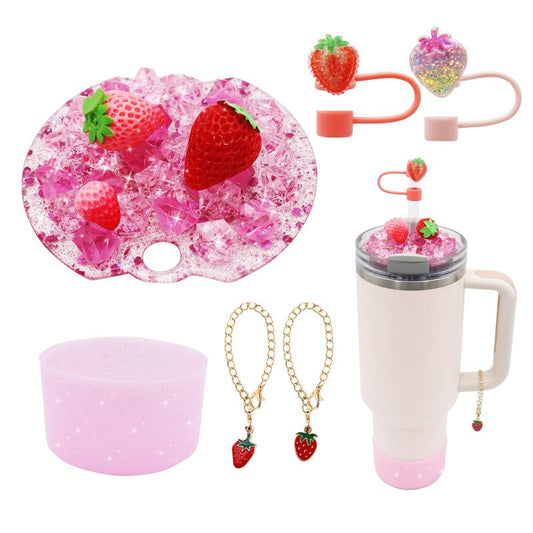 Cup Lid Topper Decoration for Stanley 40 oz，Including Silicone Boot, Silicone Straw Topper Cover Cap, Lid Charms，Cup Chain - Cute Strawberry Decoration Accessories