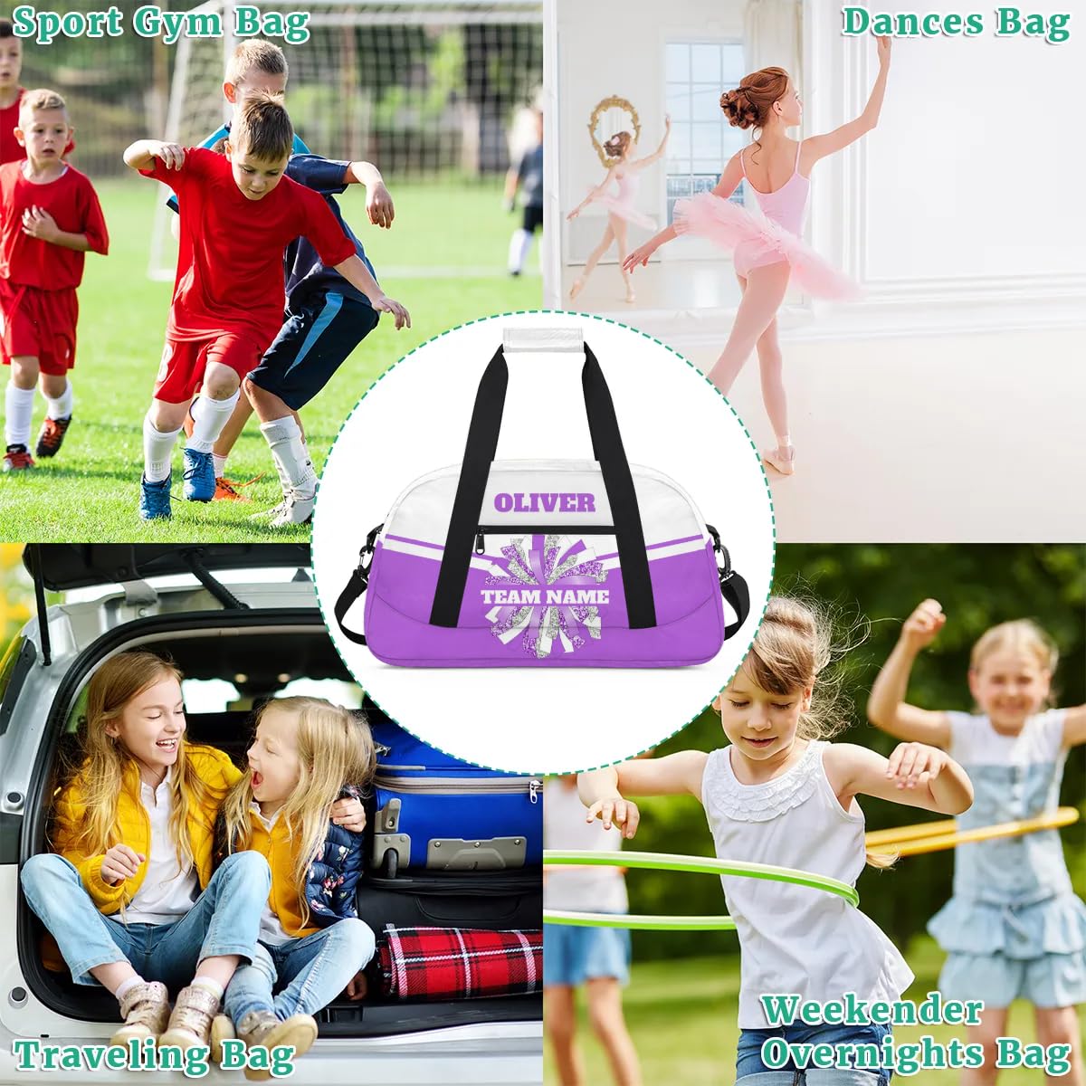 Personalized Cheerleader Bag Dance Bag for Girl, Custom Team Bag Gym Bag Sport Duffel Bag, Weekender Bags Travel Bag for Cheer Team Purple Sliver Glam