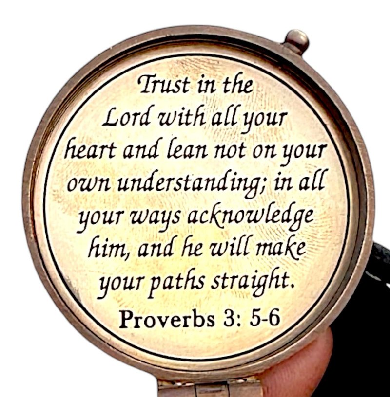 Proverbs 3: 5-6 Engraved Compass Gift for Men, Trust In The Lord Inscription Compasses Graduation Gift, Confirmation Gift, Baptism Religious Gift, Communion Survival Brass Compass With Leather Case