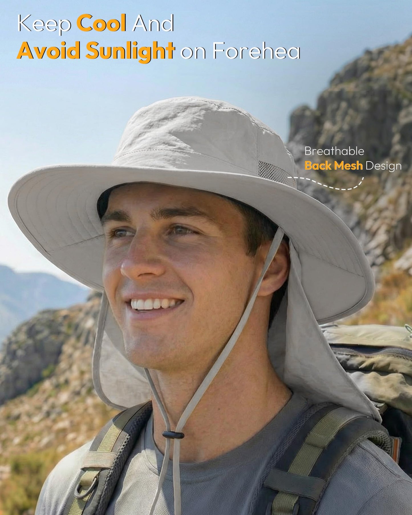 OLIKER Sun Hats for Men Wide Brim Bucket Hat with Neck Flap for Fishing & Hiking Mens Sun Hat for UV Protection (US, Alpha, One Size, Light Grey)