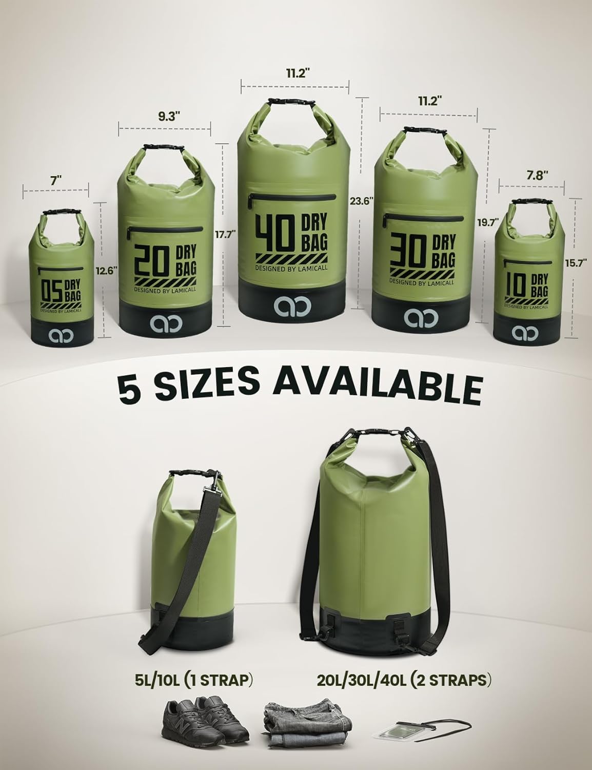 Lamicall Waterproof Dry Bag - 20L Floating Roll Top Backpack with Phone Pouch | Green
