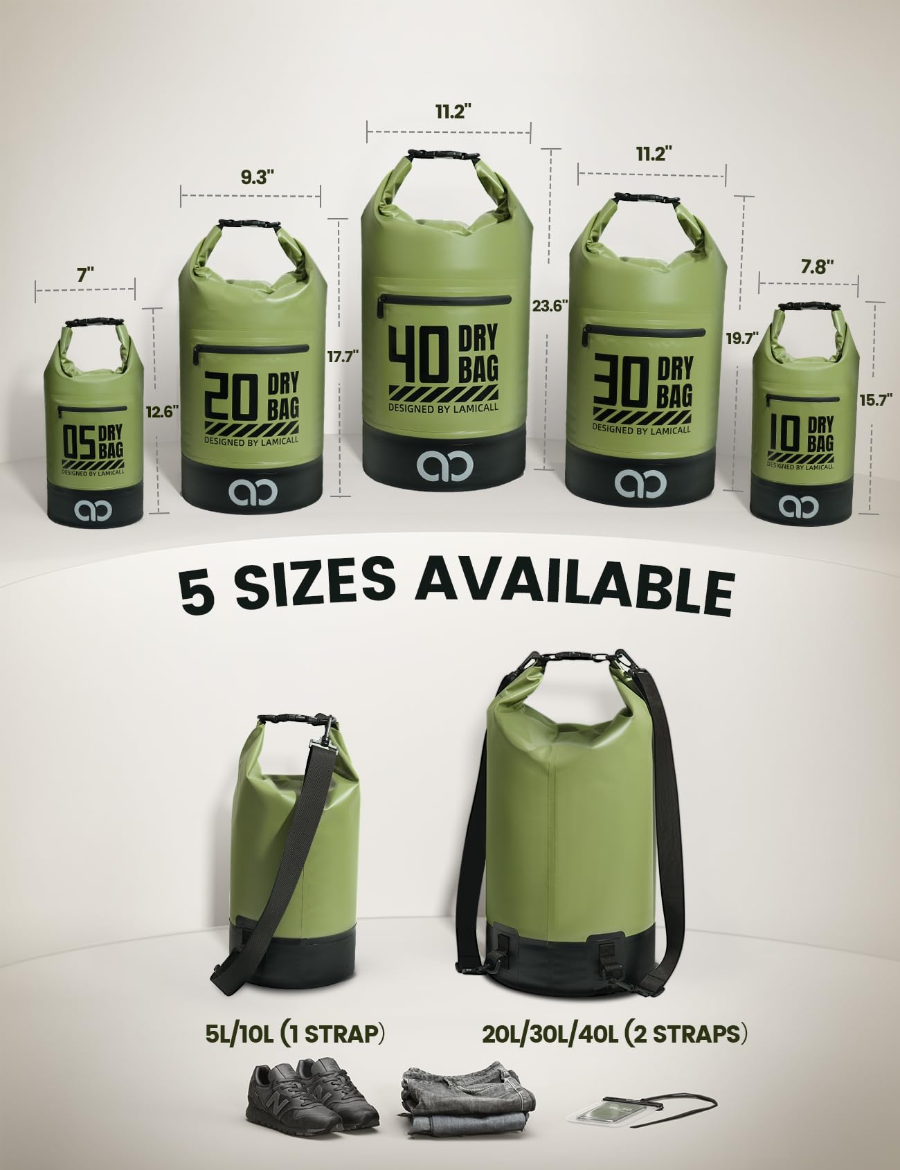 Lamicall Waterproof Dry Bag with Phone Pouch - 5L/10L/20L/30L/40L Floating Roll Top Backpack for Kayaking Boating Beach Camping Fishing - Heavy Duty 500D PVC Marine Dry Sack for Men, Women, Green 10L
