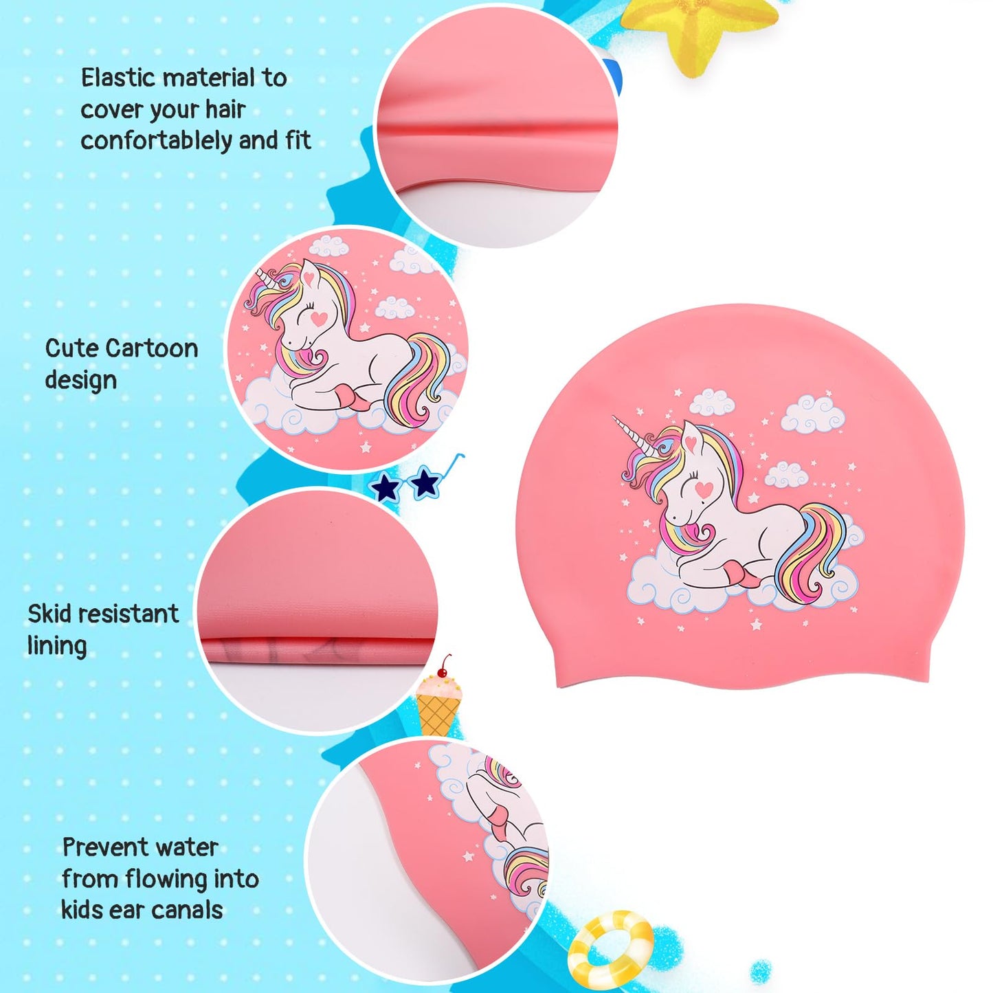 Waslary 3Pcs Silicone Waterproof Swim Caps for Kids, Cute Cartoon Swimming Caps Bathing Hats for Long Short Hair, Gifts for Girls Boys Children Toddler