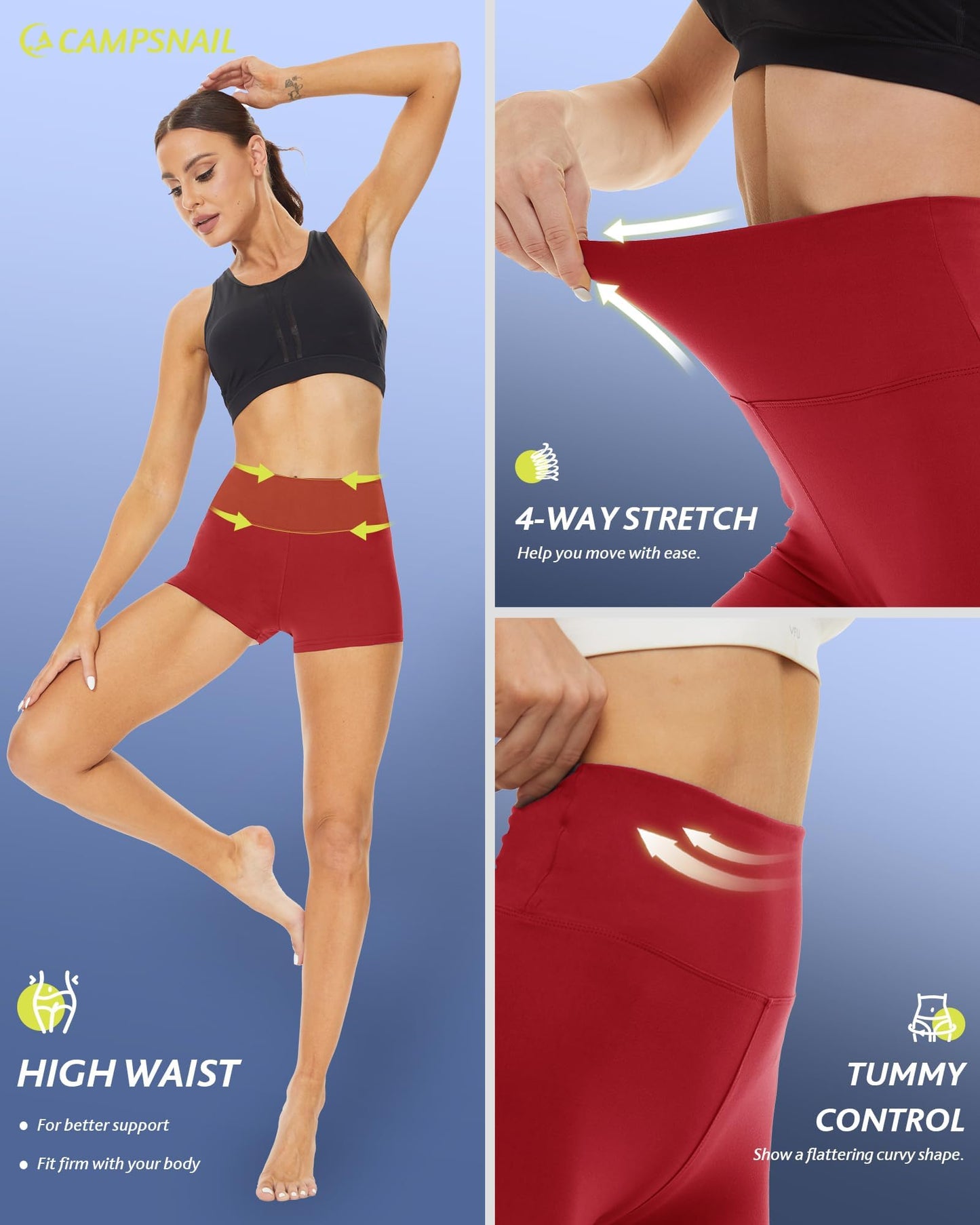 CAMPSNAIL Workout Biker Shorts Women - 3"/5"/8" High Waisted Tummy Control Spandex Booty Volleyball Shorts for Yoga Dance Red
