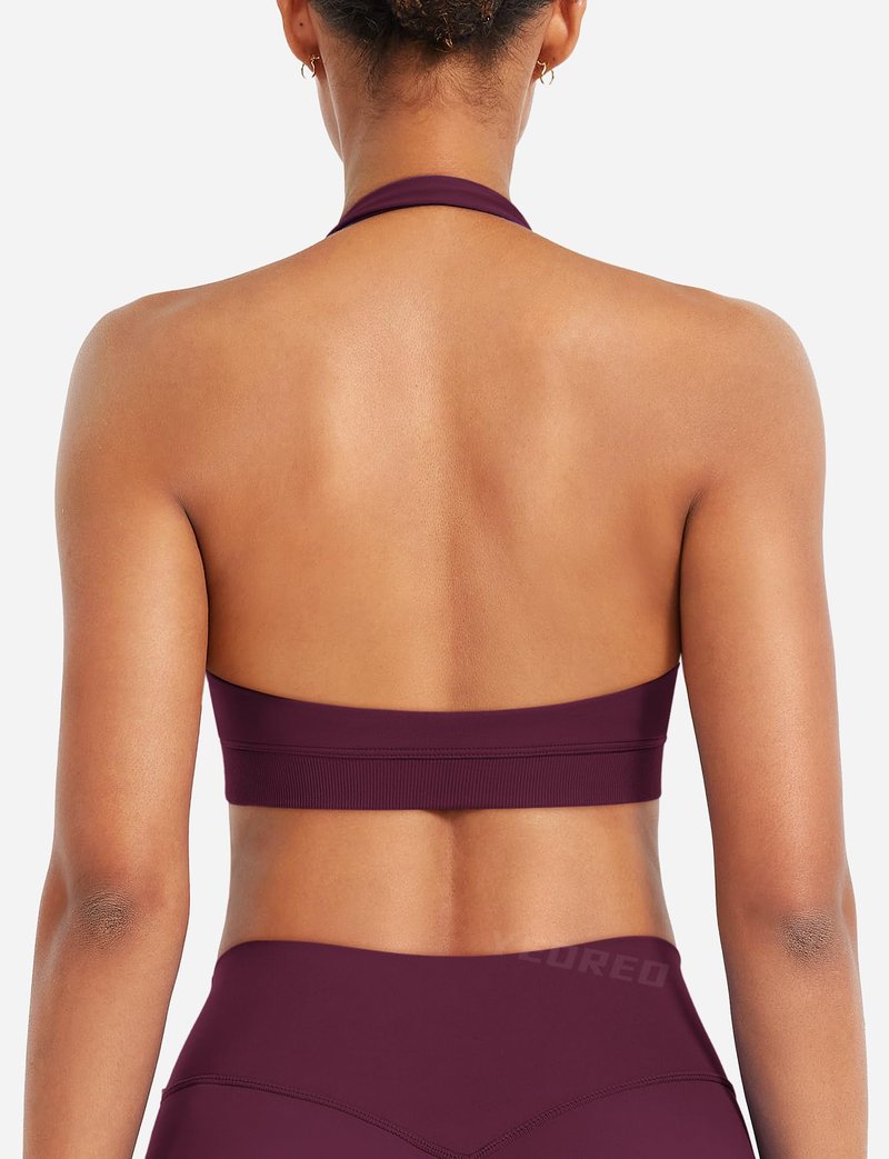 YEOREO CoreFlex Women Halter Sports Bra Workout Seamless Padded Basic Bra Open Back Yoga Gym Crop Top Black Cherry-S
