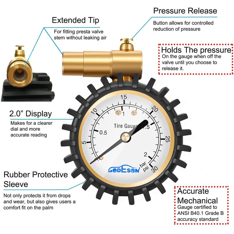 GODESON Presta Valve Pressure Gauge with Air Pressure Relief for Mountain Bicycle Fat Tires,Low Pressure Range to 30 PSI/2BAR…
