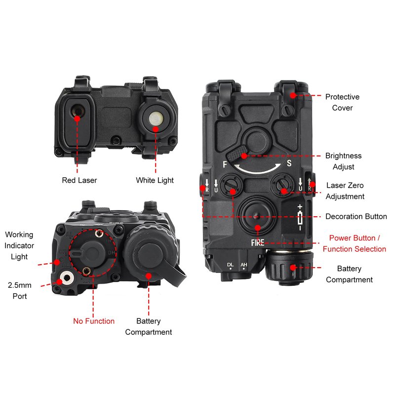 NECARL Tactical Airsoft Aiming Laser Sight, 4 Modes with Red Laser, Red Laser+White Light, Constant/Strobe White Light, Fit for 20mm Picatinny Rail AEG GBB CQB
