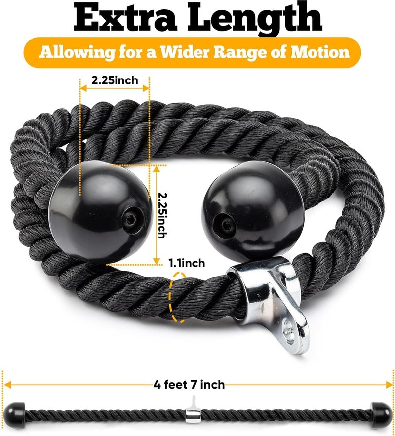 Double Length Tricep Rope for Cable Machines - 55 Inch Heavy Duty Pulldown Attachment, 4ft 7in Gym Strength Training Accessory & Home Workout Equipment