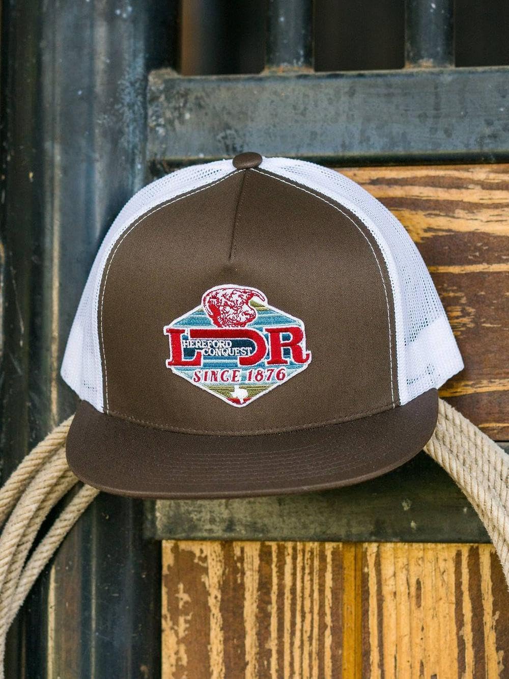 Lazy J Ranch Brown & White Conquest Classic Five Panel Trucker Hat - Adjustable Unisex Country Hats, Vintage Trucker Hat