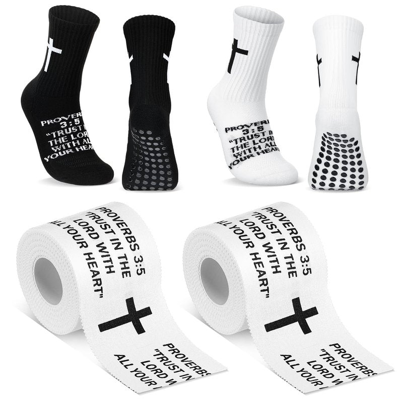 TrelaCo 2 Sets Cross Grip Socks with 2 Pcs Christian Athletic Tape Jesus Soccer Grip Socks Cotton Sports Athletic Tape Serrated Edges for Easter Gifts Football Baseball(Black White,Proverbs 3:5)