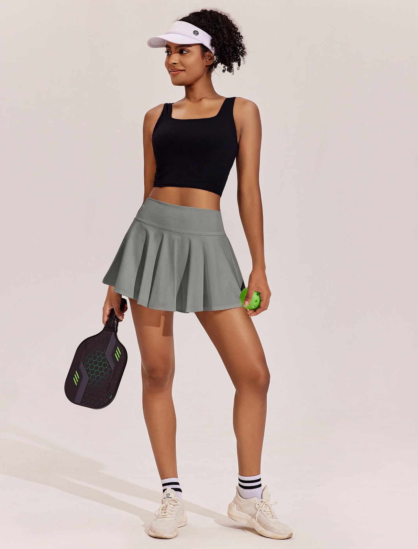 PINSPARK Tennis Skorts Skirts for Women Flowy Golf Skirts Built in Shorts Sports Exercise Skirt High Waist Grey Sage XS
