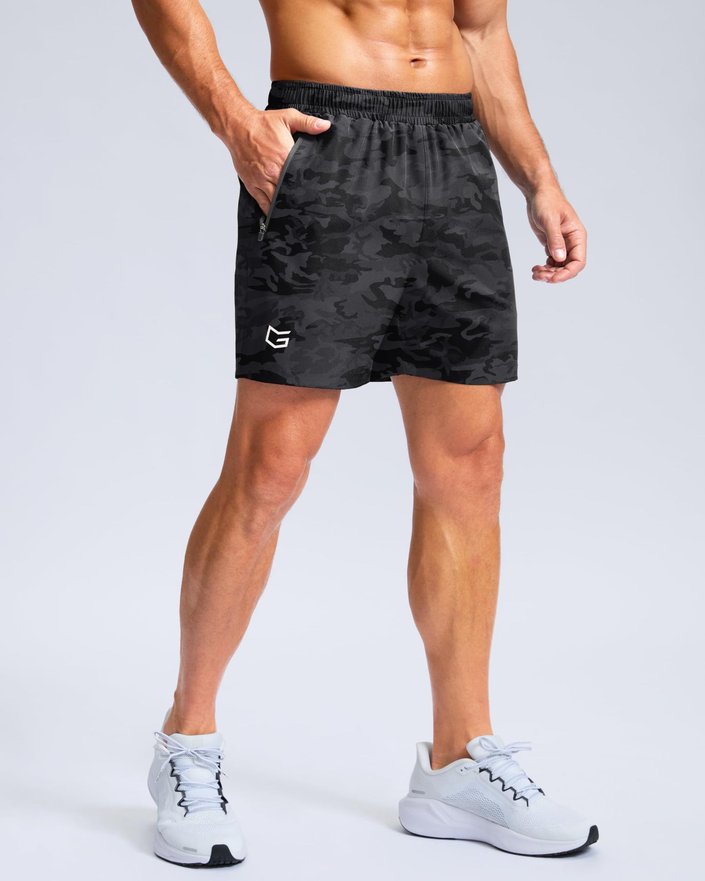 G Gradual Men's Athletic Running Shorts with Zipper Pockets Quick Dry 7"/ 5"/ 9" Workout Gym Shorts for Basketball Hiking(Grey Camo,5XL)