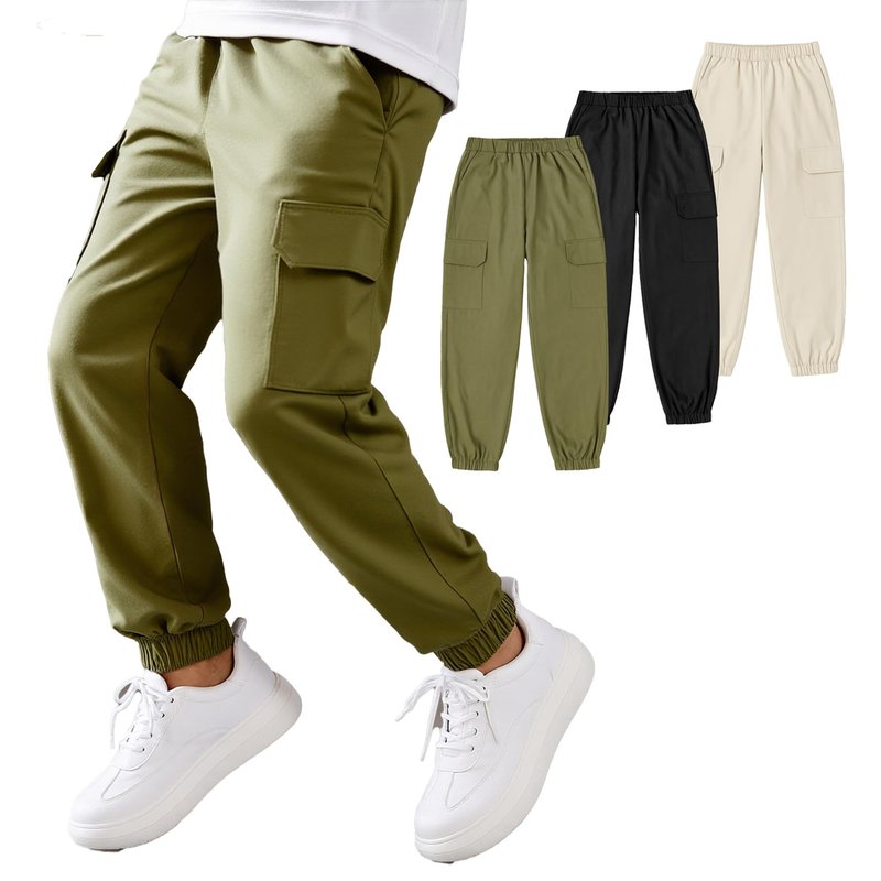 QPJQPJ Boys Cargo Pants 3 Pack Loose-Fitting Casual Sports Pants with Pockets Jogging Trousers Bottom for Kids 8-12 Years 12Y