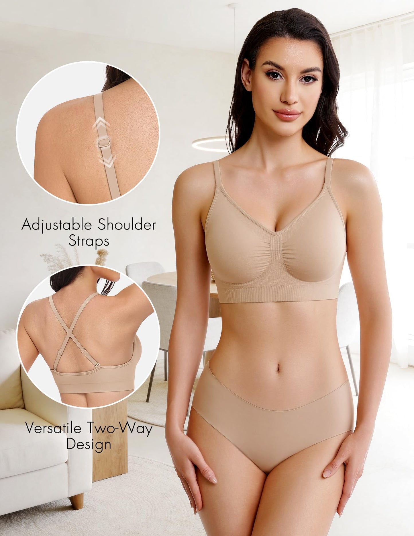 WANAYOU Bralettes for Women with Support Bras for Women Wireless Bras Compfortable No Underwire Push Up Padded Bra Seamless Soft Supportive Everyday Bras V Neck Ajustable T shirt Bra 3 Pack