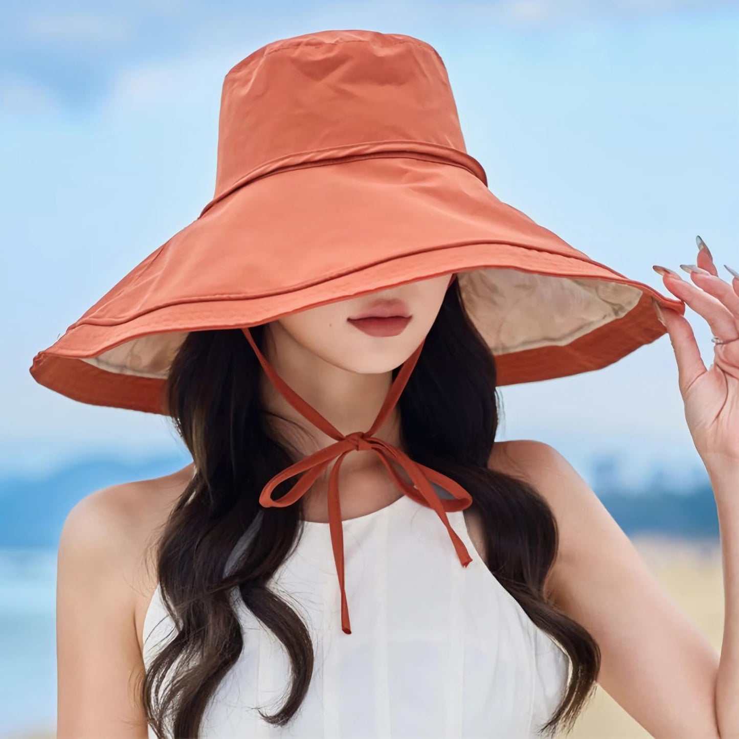 HUAMULAN Wide Brim Women Summer Sun Floppy Hat Ponytail Beach Bucket Fishing Hats Reversible Packable Outdoor UV Protection Orange