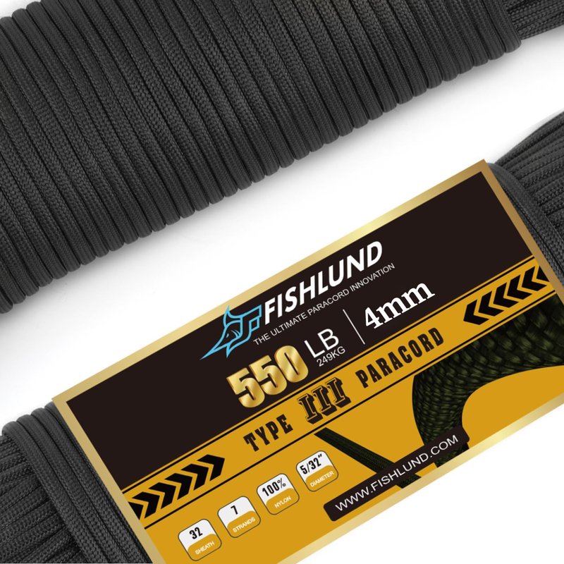 Paracord 550 lb | 7 Strand Nylon Rope - 50ft, 4mm Black Parachute Cord for Camping & Outdoor Use